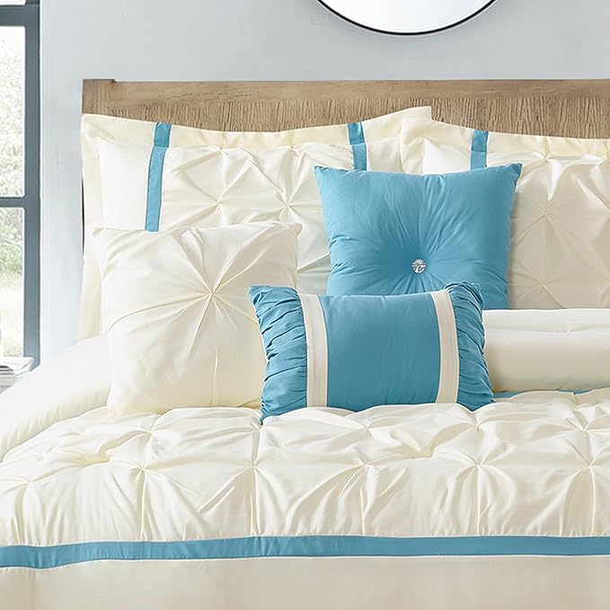 Beige Blue Comforter Set, Queen, 7 Piece Bed in a Bag, Microfiber Handcrafted Pintucking, All Season Bedding Set with Comforter, Bedskirt, Pillow Shams and Decro Pillows