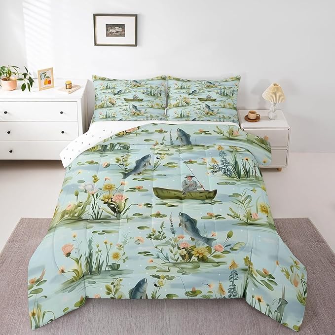 Erosebridal Fishing King Comforter Set,Fisherman and Fish Bedding Sets for Kids Boys Men,Big Pike Bass Fish Quilt Bed Set,Rustic Lake House Flower Bedroom Decor,2 Pillowcases Breathable