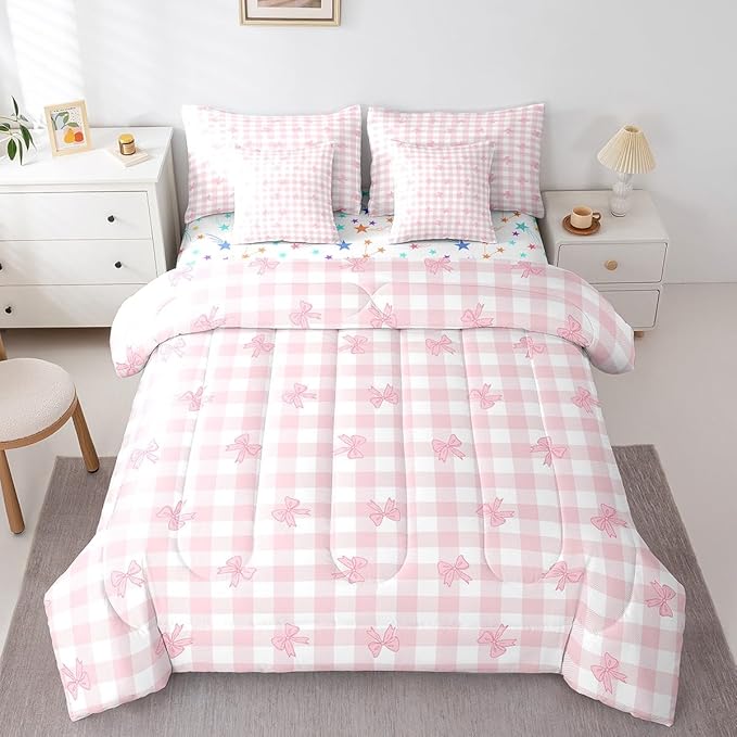 Feelyou Pink Bow Comforter Set with Sheets King Size Kids Bowknot Pliad 7 Pieces Bedding Set for Boys Girls Teens Gift for Girls Women Grid Bed in a Bag Breathable Princess Décor Bed Set