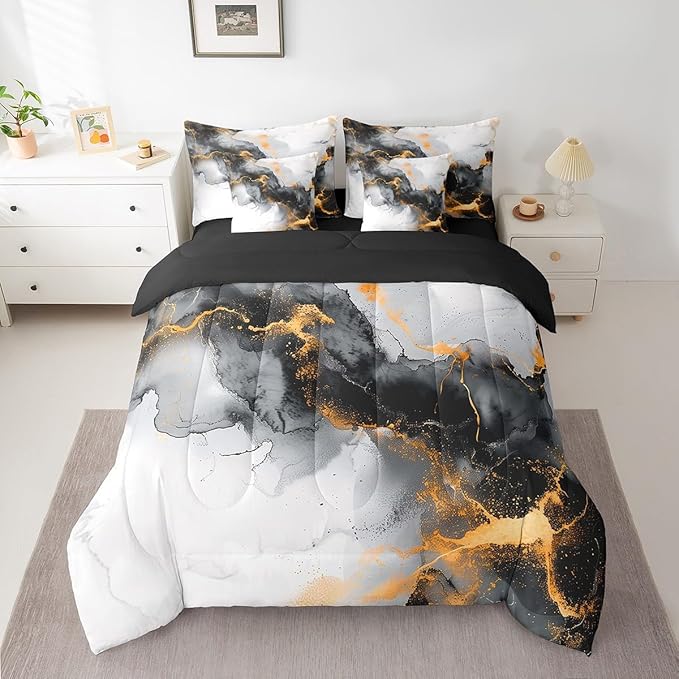 Erosebridal 7pcs Black Orange Marble Bedding Twin Size Watercolor Artwork Comforter Set, Abstract Foil Print Bedding Comforter Sets Aesthetic Marbling Bed in a Bag, Mountain Fluid Bedding Accessories