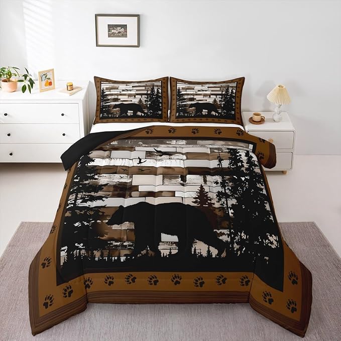 Feelyou Rustic Bear Bedding Set Wild Animals Hunt Comforter Set for Kids Boys Girls Brown Wooden Comforter Paw Print Quilt Set Bedroom Collection 2Pcs Toddler Size