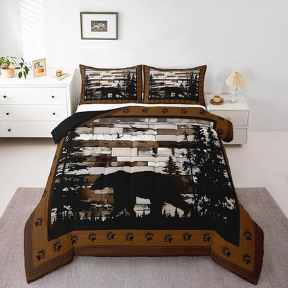 Feelyou Rustic Bear Bedding Set Wild Animals Hunt Comforter Set for Kids Boys Girls Brown Wooden Comforter Paw Print Quilt Set Bedroom Collection 3Pcs Queen Size