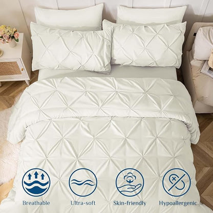 JOLLYVOGUE Full Size Comforter Sets 7 Pieces - Bed in a Bag Full for All Season, Pintuck Bedding Comforter Sets with Comforter, Flat Sheet, Fitted Sheet and Pillowcases & Shams, Ivory