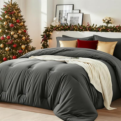 King Size Comforter Set 7 Pieces - Soft Bed in a Bag King Bed Set, Cozy Luxury Bedding Sets with All Season Comforter, Flat Sheet, Fitted Sheet, 2 Pillowcases & 2 Shams, Dark Gray