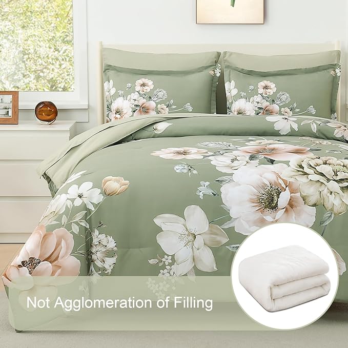 Floral King Size Comforter Set - 7 Piece Botanical Green Flower Bed in a Bag Ulter Soft Microfiber Bedding Set, Lightweight Bed Comforter Set with Sheets for All Season (Green, King)