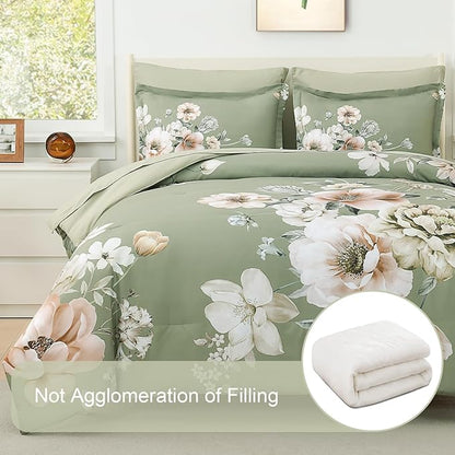 Floral King Size Comforter Set - 7 Piece Botanical Green Flower Bed in a Bag Ulter Soft Microfiber Bedding Set, Lightweight Bed Comforter Set with Sheets for All Season (Green, King)