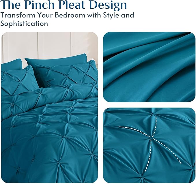 JOLLYVOGUE Queen Comforter Set 7 Pieces - Bed in a Bag Queen for All Season, Pintuck Bedding Comforter Sets with Comforter, Flat Sheet, Fitted Sheet and Pillowcases & Shams, Teal