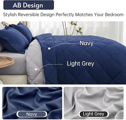 MUXHOMO 7 Pieces King Comforter Set, Reversible Bed in a Bag King Size, All Season Bedding Set with Comforter, Flat Sheet, Fitted Sheet, Pillowcases & Shams, Navy & Light Grey