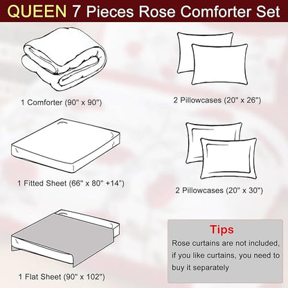 EVENHUG Queen Size Comforter Set 7 Pieces Red Rose Floral Bedding Sets for All Season Bed in a Bag with Flowers Comforter and Flat Sheet, Fitted Sheet, Pillowcases (90"x90")