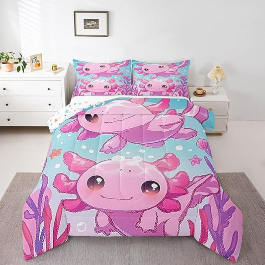 Cute Axolotl Kids Twin Size Comforter Set,Pink Kawaii Animal Ocean Sealife Reversible Bedding Set for Teens Bedroom,Lovely Cartoon Blue Sea Coral Quilted Duvet Set with 1 Pillowcase