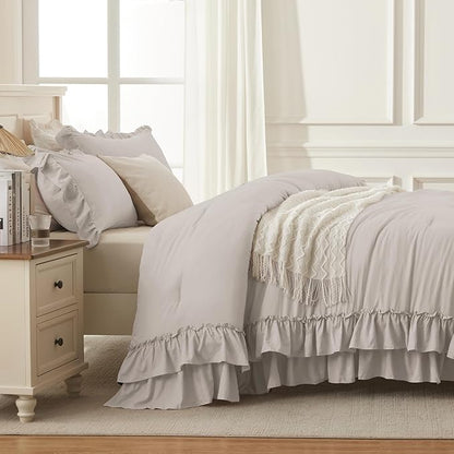 Andency Linen Twin Size Comforter Set, 2 Pieces Lightweight Fluffy Ruffle Bedding Set for Dorm, All Season Soft Farmhouse Shabby Chic Bed Set for Kids, College Dorm (66x90In)