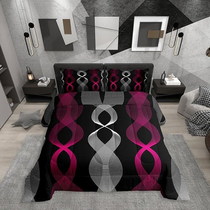 Erosebridal Girls Fuchsia and Black Abstract Toddler Comforter Set, Fuchsia Striped Bedding Set for Women Teens, Contemporary Boho Modern Art Comforter, Geometric Stripes Aesthetic Wavy Line Quilt