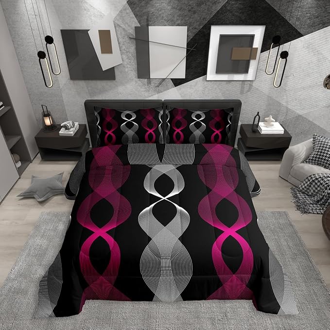 Erosebridal Girls Fuchsia and Black Abstract Queen Comforter Set, Fuchsia Striped Bedding Set for Women Teens Bedroom, Contemporary Boho Modern Art Comforter, Geometric Stripes Aesthetic Line Quilt