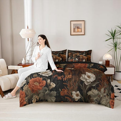 Erosebridal Brown Cattle Queen Bedding Set - Floral Highland Cow Bed in A Bag,Hippie Groovy Flowers Comforter Sets with Sheets, Vintage Floral Animal 7 Pieces Bed Set Bedroom Decor