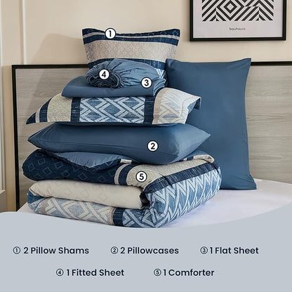 Cottolester California King Comforter Set 7 Pieces Blue Boho Striped Bed in a Bag,Soft Microfiber Complete Bedding Sets