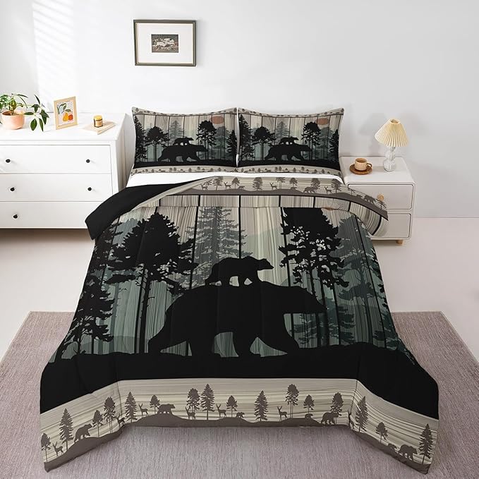 Feelyou Western Farmhouse Bedding Comforter Sets King Size, Cabin Lodge Bedding Sets, Hunting Bear Deer Comforter Set, Country Retro Duvet Insert, Rustic Woodland Pine Tree Quilt, Black Brown