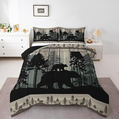 Feelyou Western Farmhouse Bedding Comforter Sets Toddler Size, Cabin Lodge Bedding Sets, Hunting Bear Deer Comforter Set, Country Retro Duvet Insert, Rustic Woodland Pine Tree Quilt, Black Brown