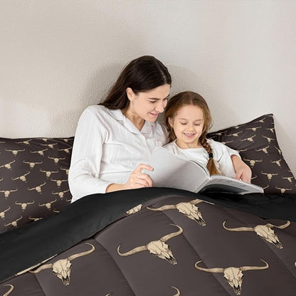 Erosebridal Bull Skull Comforter Set Toddler Ethnic Bohemian Bedding for Men Boys | Tribal Steer Skull Wildlife Aztec Bedroom Decor Farmhouse Cabin Lodge Duvet Insert with 1 Pillow Case,Brown