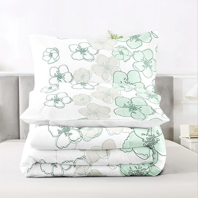 Raphus cucullatus Floral Comforter Set King Size,Green Flower Bedding Set,Botanical Bedding Pretty Floral Comforter Set,Flower Quilt King Size