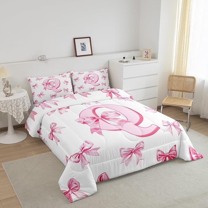 Erosebridal Pink Dreamy Princess Style Toddler Bedding Set for Kids Girls Teen,Initial Letter Q Comforter Set Cute Kawaii Bowknot Bedding Comforter Sets Romantic Watercolor Bow Quilt Duvet