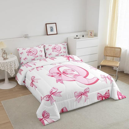 Erosebridal Pink Dreamy Princess Style Toddler Bedding Set for Kids Girls Teen,Initial Letter Q Comforter Set Cute Kawaii Bowknot Bedding Comforter Sets Romantic Watercolor Bow Quilt Duvet