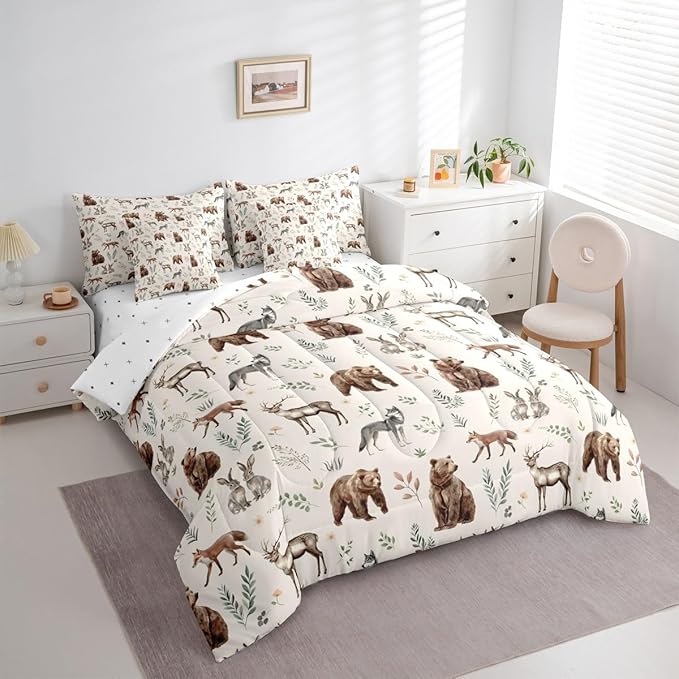 Erosebridal Woodland Animals 7 Piece Comforter Set Full Size Bear Deer Hunting Theme Bedding Set for Kids Child Bedroom | Cartoon Rabbit Wolf Fox Wildlife Duvet Insert Rustic Cabin Lodge Decor Sheets