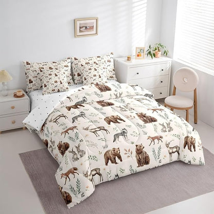 Erosebridal Woodland Animals 7 Piece Comforter Set Twin Size Bear Deer Hunting Theme Bedding Set for Kids Child Bedroom | Cartoon Rabbit Wolf Fox Wildlife Duvet Insert Rustic Cabin Lodge Decor Sheets