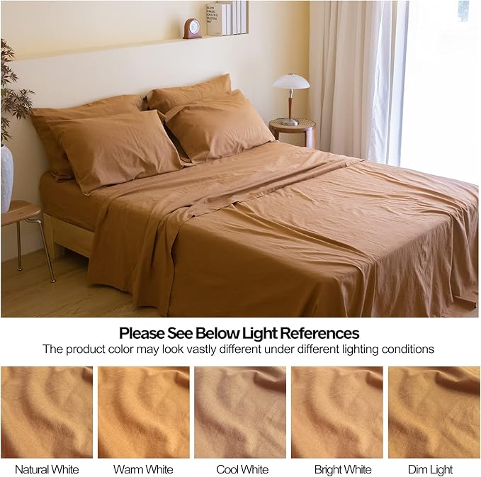 Simple&Opulence Belgian Linen Sheet Set Solid Color - 6 Pieces (1 Flat Sheet & 1 Fitted Sheet & 4 Pillowcases) 16" Deep Pocket Natural Flax Cotton Blended Soft Bedding - Rust, Queen Size