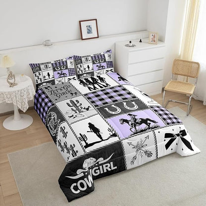Western Cowgirl Bow Comforter Set Twin Size,Cactus Horseshoes Cowgirl Boot Bedding Set,Girls Women Room Decor,Cow Skull Geometric Plaids Patchwork Down Comforter,Rustic Duvet Insert,1 Pillowcase
