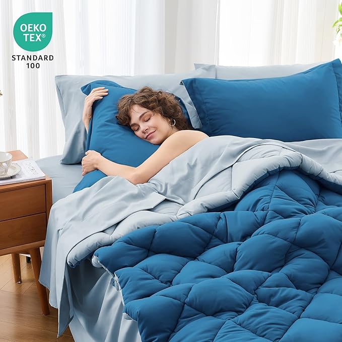 MUXHOMO 5 Pieces Twin XL Comforter Set, Reversible Bed in a Bag Twin XL Size, All Season Bedding Set with Comforter, Flat Sheet, Fitted Sheet, Pillowcases & Shams, Teal & Lake Blue