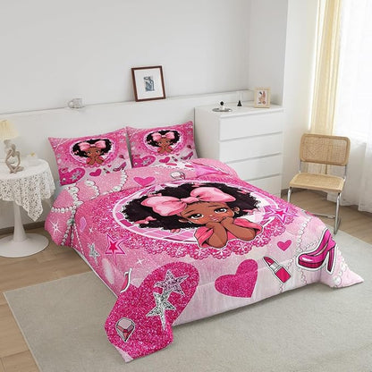 Manfei Black Princess Girly Comforter Set King Size,High-Heeled Shoes Lip Bowknot Diamond Bedding Set,Girls Women Room Decor,African American Girls Down Comforter,Pink Cute Duvet Insert,2 Pillowcases