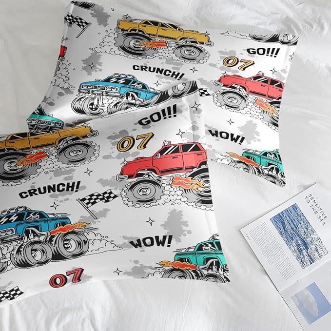 Trucks Car Race Comforter Set for Boys Kids Toddlers Teens Adults King, Cool Vehicle Wheel Bedding Sets Water Washed Microfiber Bedding with 1 Comforter 2 Pillowcase All Season