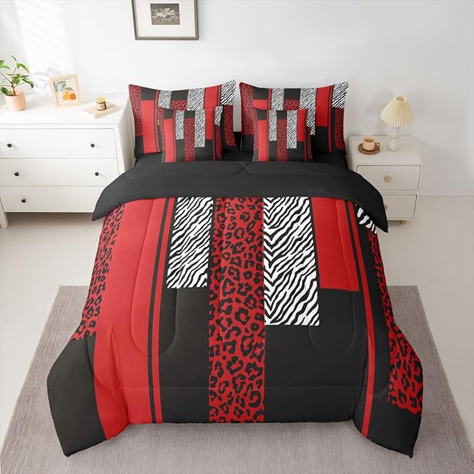 Erosebridal Zebra Cheetah Fur Pattern Black Red Adults 7 Piece Bedding Set Twin | Leopard Print Stripes Comforter Set with Sheets Zebra Cheetah Wild Animal Skin Bed in A Bag Women Men Teens Bed Sets