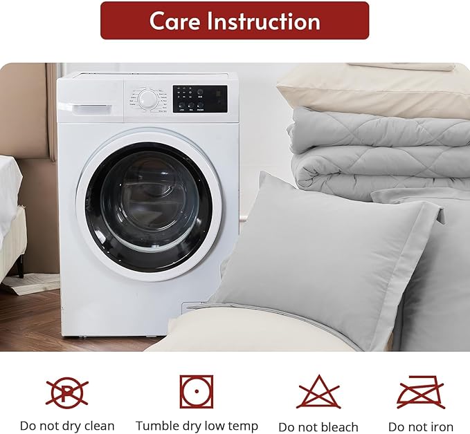MUXHOMO 7 Pieces Full Comforter Set, Reversible Bed in a Bag Full Size, All Season Bedding Set with Comforter, Flat Sheet, Fitted Sheet, Pillowcases & Shams, Light Grey & Beige