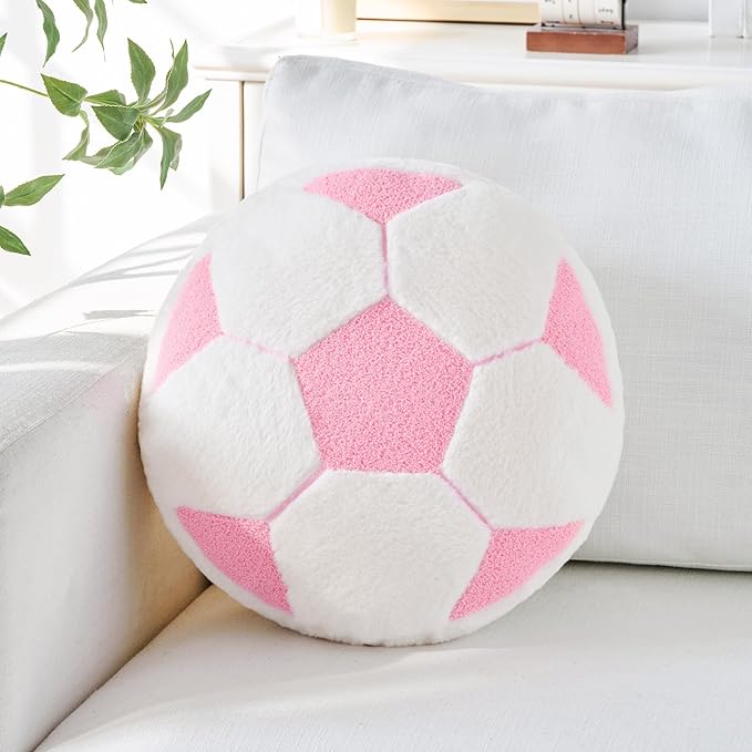 Soccer Pillow,15" Soccer Shaped Pillow Floor Cushion Seating Cushion with Faux Rabbit Fur,Round Soccer Throw Pillow Room Décor for Sofa Couch Living Room (Pink)