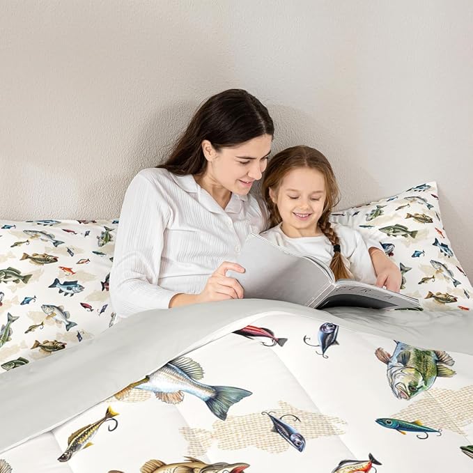 Erosebridal Camo Fishing King Comforter Set - Pike Fish Big Bass Bedding Set for Boys Kids | Hunting Themed Camouflage Quilt | Lake House Fisherman Bedroom Decor with 2 Pillowcases