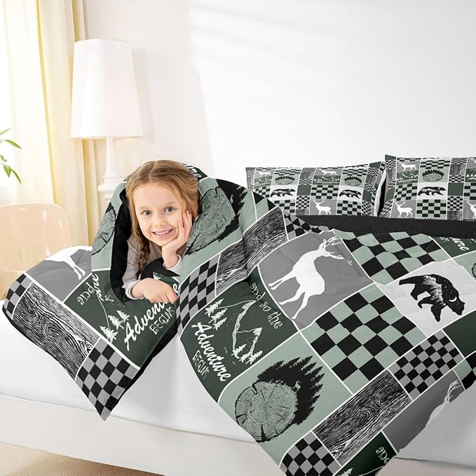 Rustic Cabin Lodge Bedding Twin Size, Bear Deer Wildlife Comforter Set For Kids Teens Adult, Country Forest Hunting Wild Animal Duvet Insert Retro Plaid Patchwork Down Comforter Farmhouse Decoration