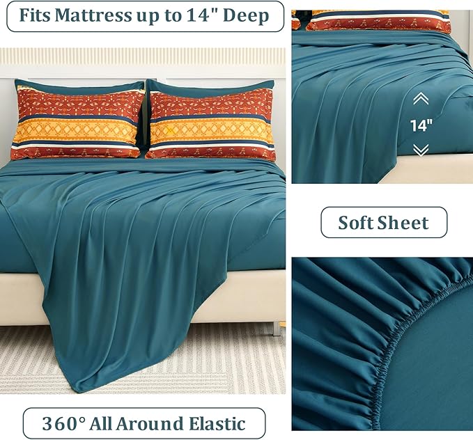 WONGS BEDDING Boho Comforter Set King Size,7 Pieces Bed in a Bag Bohemian Striped Bedding Set,Burnt Orange Paisley Floral Comfortet and Sheet Set,Soft Microfiber Bedding Sets for All Season