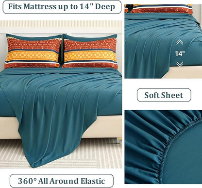 WONGS BEDDING Boho Comforter Set Queen Size,7 Pieces Bed in a Bag Bohemian Striped Bedding Set,Burnt Orange Paisley Floral Comfortet and Sheet Set,Soft Microfiber Bedding Sets for All Season