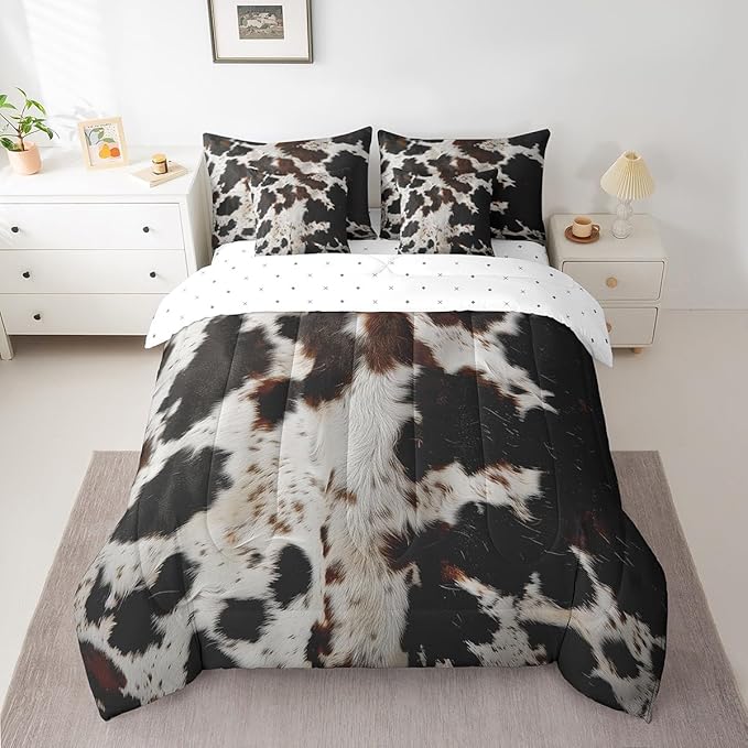 Erosebridal Brown Cowhide Bed in a Bag 7 Pieces Farm Animal Print Bedding Set, Milk Cow Fur Twin Size Comforter Set Cow Print Bedding Comforter Sets, Farmhouse Wildlife Skin Bed Set