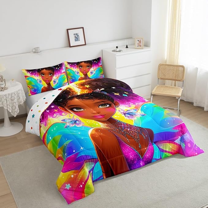 Erosebridal Black Girls Bedding Set Afro Girl Twin Comforter Set for Girls,American African Princess Magical Quilt for Toddler Kids Teenager,Dreamy Butterfly Cute Room Decor Aesthetic