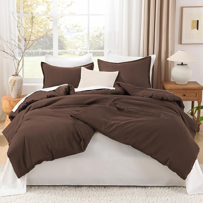 Litanika Comforters Brown Super King Plus Size, 3 Pieces Lightweight Solid Bedding Set & Collections, All Season Fluffy Bed Set (128x120In Comforter & 2 Pillowcases)