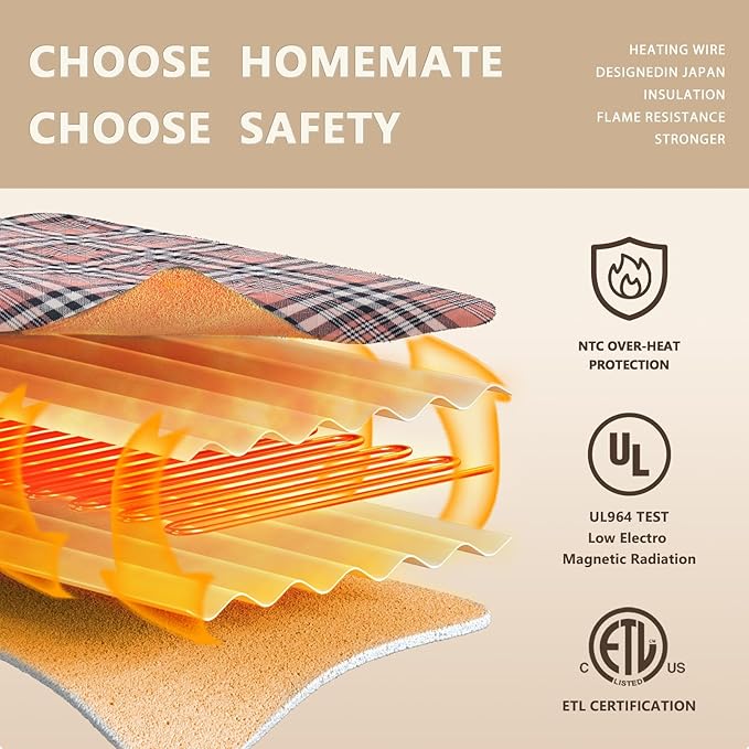 Homemate Electric Blanket Heated Twin Size - 62“x84“ Ultra Soft Cozy Flannel Heating Blanket with 10 Fast Heat Levels 8 Hours Auto Off Over-Heated Protection ETL Certification Keep Warm in Home