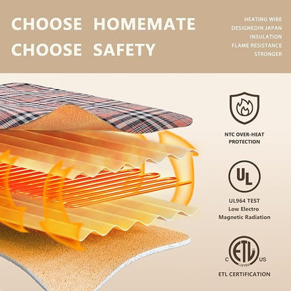 Homemate Electric Blanket Heated Twin Size - 62“x84“ Ultra Soft Cozy Flannel Heating Blanket with 10 Fast Heat Levels 8 Hours Auto Off Over-Heated Protection ETL Certification Keep Warm in Home