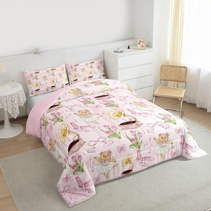 Pink Bowknot Comforter Set Full Size,Ballet Shoe Bow Tie Cute Bear Kids Bedding Set,Music Note Tulip Quilt Comforter,Princess Duvet Insert,2 Pillowcases