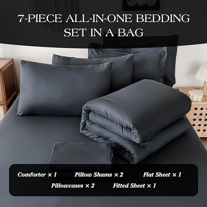 Double Brushed Micorfiber Twin Comforter Set Carbon Black- 7-Piece Bed in a Bag, All-Season Soft Bedding with Sheets & Envelope Pillowcases (68"x88",Twin)