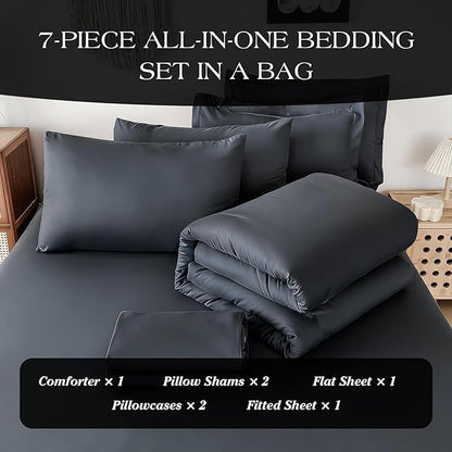Double Brushed Micorfiber Twin Comforter Set Carbon Black- 7-Piece Bed in a Bag, All-Season Soft Bedding with Sheets & Envelope Pillowcases (68"x88",Twin)