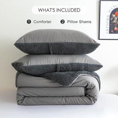 COTTEBED Warm Full Queen Comforter Set Reversible Sherpa Comforter and Pillow Shams, Soft Cozy Fluffy Washed Cotton Lightweight Bedding Down Comforter Queen Set Size for Bedroom Winter Christmas,Brown