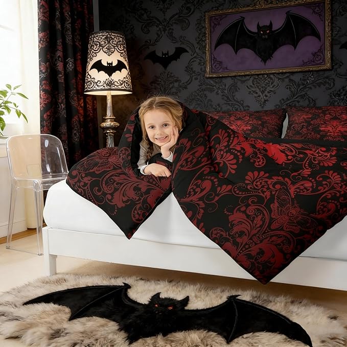 Erosebridal Gothic Damask Bed in a Bag Queen Comforter Set 7 Piece,Exotic Moth Bedding Sets Red Black Victorian Floral Goth Sheet Set with Comforter
