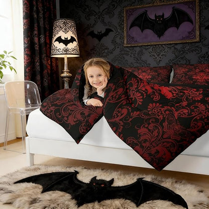 Erosebridal Gothic Damask Bed in a Bag Queen Comforter Set 7 Piece,Exotic Moth Bedding Sets Red Black Victorian Floral Goth Sheet Set with Comforter